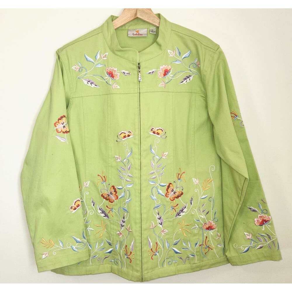 Quacker Factory Jacket Embroidered Butterfly Floral Full Zip Twill LARGE